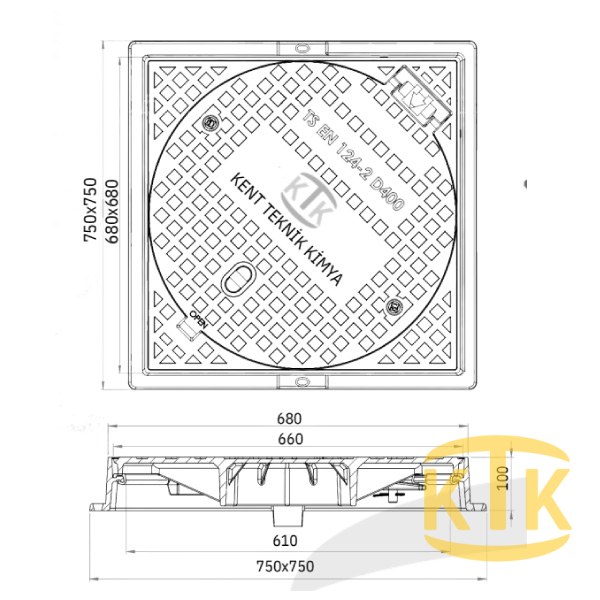Döküm Yuvarlak Kare Çerçeveli Rögar Kapağı Takımı Ø600 mm (DKT.600-B4)